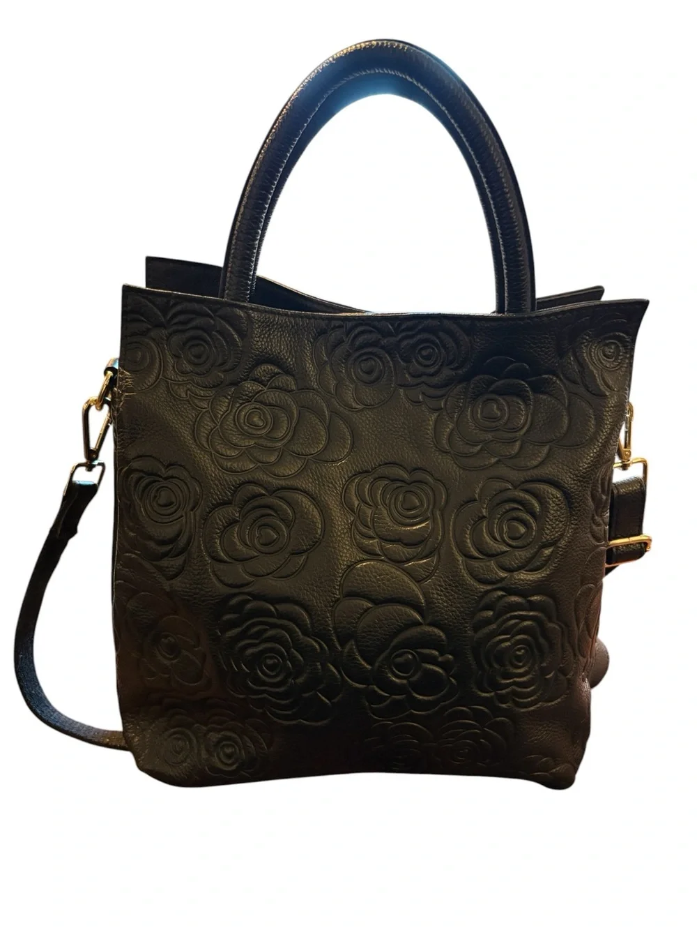 Realer Black Embossed Floral Leather Shoulder Bag with Detachable Strap